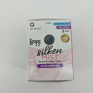 L'eggs Silken Mist 2 Pairs Pantyhose Size Q Jet Black Ultra Sheer